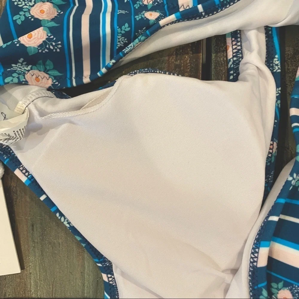 Cupshe NWT Sz Medium One Piece Swimsuit W/ Cutouts, Blue Floral & Stripes Print